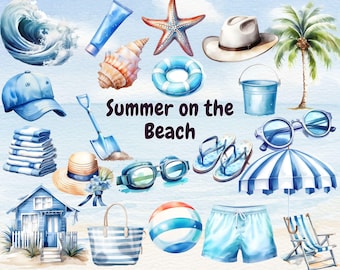 Summer on the Beach Clipart, Undersea Clipart, Digital Summer Holiday, Cute Summer Clipart, Ocean Scene Clipart, Watercolor Beach Clipart