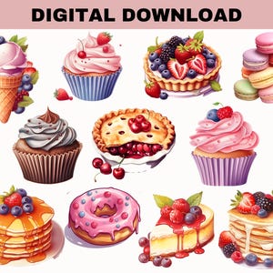 May include: A collection of watercolor illustrations of various desserts, including cupcakes, a pie, pancakes, a donut, and macarons. The desserts are adorned with fresh berries and whipped cream. The text "DIGITAL DOWNLOAD" is at the top.