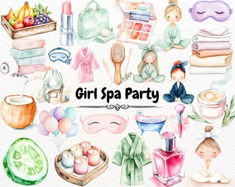 Cute Spa Day PNG Bundle, Pamper Party Clipart, Self Care Girl Watercolor, Girly Spa Stickers Sublimation