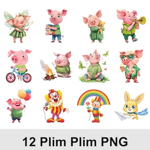 Peut inclure: Douze illustrations de cochons de dessin anim&eacute; dans diverses poses et tenues. Les cochons sont repr&eacute;sent&eacute;s en f&eacute;e, en &eacute;tudiant, tenant un ours en peluche, jouant de la trompette, faisant du v&eacute;lo, grillant des guimauves, etc. Le texte "12 Plim Plim PNG" est en bas.