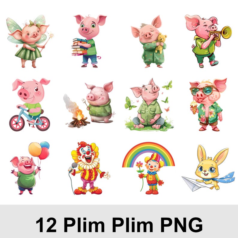 Peut inclure: Douze illustrations de cochons de dessin anim&eacute; dans diverses poses et tenues. Les cochons sont repr&eacute;sent&eacute;s en f&eacute;e, en &eacute;tudiant, tenant un ours en peluche, jouant de la trompette, faisant du v&eacute;lo, grillant des guimauves, etc. Le texte "12 Plim Plim PNG" est en bas.