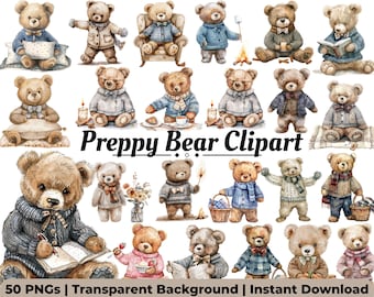 Zestaw clipartów Preppy Bear | 50 obrazów PNG z misiami Polo, akwarelowy kolaż z uroczymi małymi misiami, clipart do pokoju dziecięcego, natychmiastowe pobieranie do użytku komercyjnego