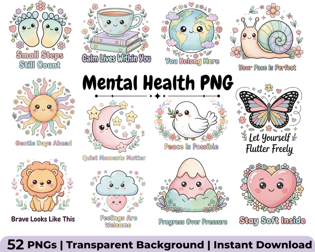 Mental Health PNG Bundle 52 Designs | Self Care Quotes Graphics ...