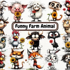 Puede incluir: Una colección de animales de granja de dibujos animados caprichosos, cada uno sosteniendo una flor. Los animales incluyen una cabra, un cerdo, una oveja, un suricato, un gallo, una vaca, un búho, una gallina, un toro, un emú, un ratón, un zorro, un conejo y un perro. El texto "Funny Farm Animal" está presente.