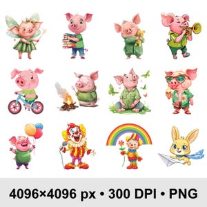 Peut inclure: Une collection d'illustrations fantaisistes mettant en sc&egrave;ne des cochons de dessin anim&eacute; dans diverses situations. Les cochons sont repr&eacute;sent&eacute;s en f&eacute;e, &eacute;tudiant, tenant un ours en peluche, jouant de la trompette, faisant du v&eacute;lo, grillant des guimauves et portant des lunettes de soleil.