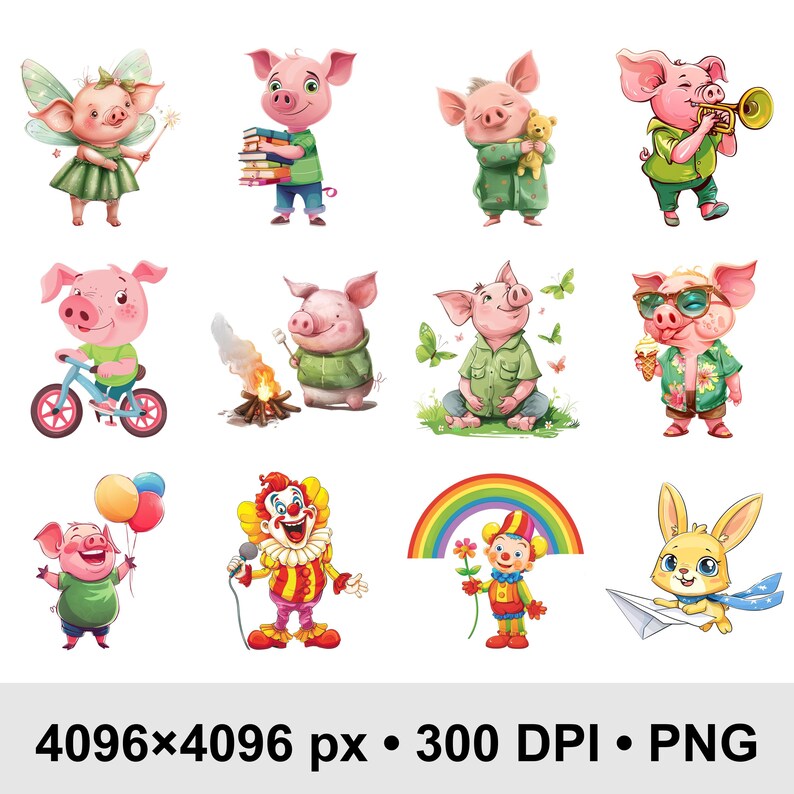 Peut inclure: Une collection d'illustrations fantaisistes mettant en sc&egrave;ne des cochons de dessin anim&eacute; dans diverses situations. Les cochons sont repr&eacute;sent&eacute;s en f&eacute;e, &eacute;tudiant, tenant un ours en peluche, jouant de la trompette, faisant du v&eacute;lo, grillant des guimauves et portant des lunettes de soleil.