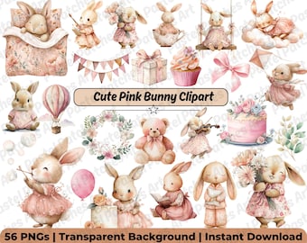 Cute Pink Bunny PNG Bundle, Boho Bunny Nursery Clipart, Watercolor Rabbit Baby Shower, Girl Birthday Bunny Art