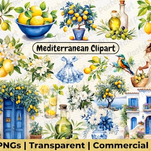 Mediterranean Clipart, Watercolor Lemon Clipart, Amalfi Coast, Blue and White Tiles, Azulejo Portuguese Designs, Greece Art, Summer Clipart