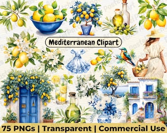 May include: Watercolor clipart set featuring Mediterranean themes. Includes lemons, olive oil, a blue dress, a bird, a woman with a basket, and a blue door. The text "Mediterranean Clipart" is visible.