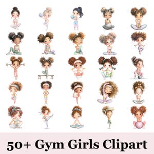 Pode incluir: Uma coleção de ilustrações de clipart em aquarela com meninas em várias poses de ginástica. As meninas, com diferentes penteados e roupas, estão envolvidas em atividades como ioga, levantamento de peso e alongamento. O texto "50+ Gym Girls Clipart" está na parte inferior.