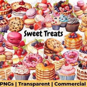 Puede incluir: Una colorida variedad de dulces, incluyendo tartas, cupcakes, galletas, macarons y panqueques, cubiertos con bayas frescas. La imagen incluye el texto "Sweet Treats" y "130 PNGs | Transparent | Commercial Use".