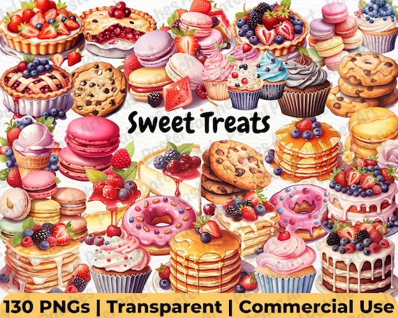 Sweet Treats Clipart - 100+ Dessert Clipart, Cupcake Graphics, Chocolate Clipart, Digital Food Art, Cute Candy Clipart, Commercial Use PNG