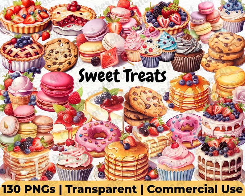 May include: A colorful assortment of sweet treats, including tarts, cupcakes, cookies, macarons, and pancakes, topped with fresh berries. The image includes the text "Sweet Treats" and "130 PNGs | Transparent | Commercial Use".