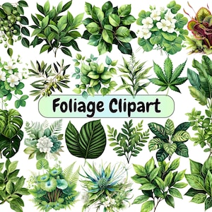 May include: A collection of watercolor foliage clipart in various shades of green, including leaves, branches, and flowers. The image includes the text "Foliage Clipart" in a green oval.