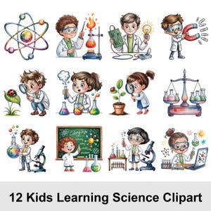 Könnte beinhalten: Eine Sammlung von 12 farbenfrohen Clipart-Bildern, die Kinder bei naturwissenschaftlichen Experimenten zeigen. Jedes Kind ist mit Laborkitteln, Schutzbrillen und verschiedenen wissenschaftlichen Werkzeugen dargestellt, darunter Bechergläser, Mikroskope und Magnete. Der Text unten lautet "12 Kids Learning Science Clipart."