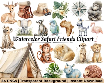 Watercolor Safari Clipart | Cute Jungle Animals PNG Bundle | Baby Safari Nursery Decor | Wild Birthday Graphics | Instant Digital Download