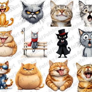 Op de afbeelding: Een verzameling cartoon kat illustraties met verschillende uitdrukkingen. De katten worden afgebeeld in verschillende kleuren en poses, waaronder glimlachend, boos en verrast. Sommige katten dragen accessoires zoals een zonnebril en een hoge hoed.