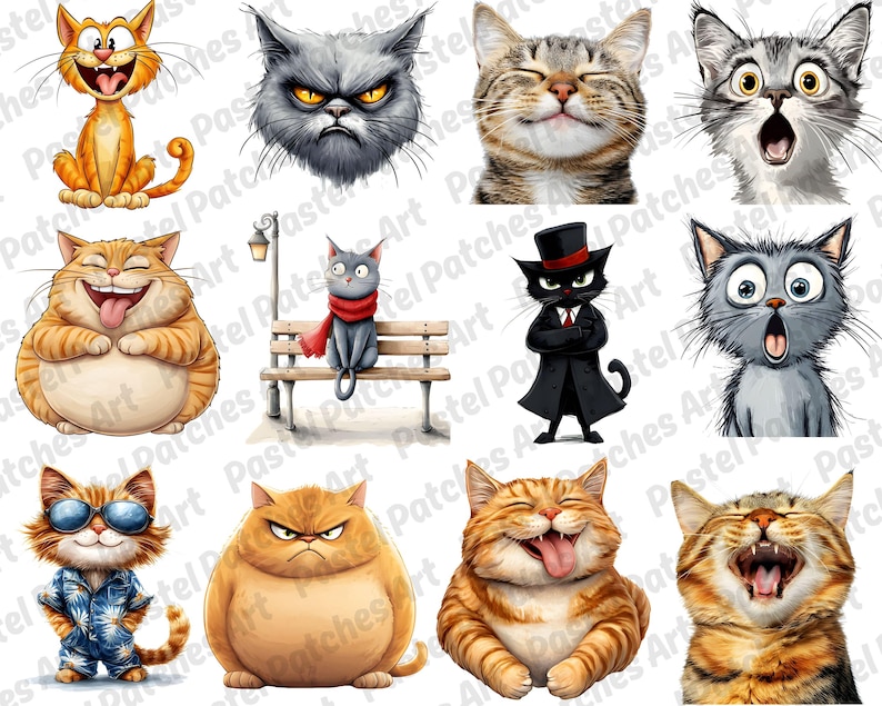 Op de afbeelding: Een verzameling cartoon kat illustraties met verschillende uitdrukkingen. De katten worden afgebeeld in verschillende kleuren en poses, waaronder glimlachend, boos en verrast. Sommige katten dragen accessoires zoals een zonnebril en een hoge hoed.