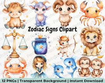 Zodiac Signs Clipart, Baby Astrology Clipart, Astrological Watercolor Clipart, Astrology Star Sign, Horoscope Clipart, Watercolor Birthstone