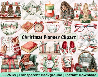 Clipe de planejador de Natal, Clipe de livro aconchegante de inverno, Adesivos de planejador de Natal, Garota leitora de férias, Cabana Cottagecore, Garota planejadora