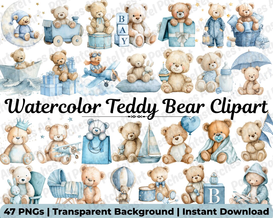Watercolor Teddy Bear Clipart for Baby Shower • Cute Blue Teddy Bear ...