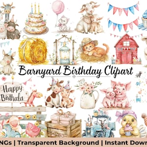 Könnte beinhalten: Aquarell-Cliparts mit Bauernhoftieren, Geburtstagskuchen und festlichen Dekorationen. Das Bild zeigt Kühe, Schweine, Schafe und einen Traktor. Der Text auf dem Bild lautet "Barnyard Birthday Clipart" und "Happy Birthday".