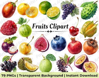 Cute Kawaii Fruit PNG Bundle, Happy Tropical Fruit Clipart, Sweet Food Stickers, Colorful Fruit Graphics