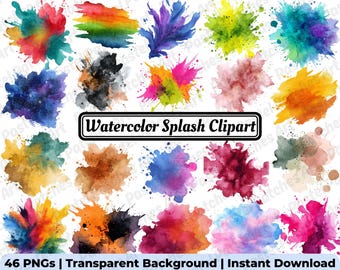 Watercolor Splash PNG Bundle, Abstract Paint Splatter Clipart, Colorful Ink Burst Graphics, Artistic Splash Pack