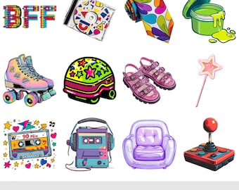 12 Retro 90s Clipart Bundle PNG | Nostalgic 90s Aesthetic Graphics for Digital Planners, Retro Party Decor | Commercial Use