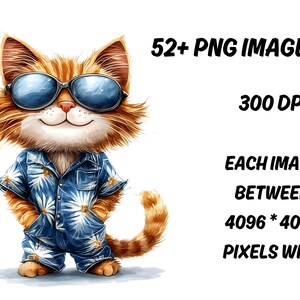 Op de afbeelding: Een cartoon illustratie van een oranje kat met een zonnebril en een blauw Hawaiiaans shirt. De afbeelding bevat de tekst "52+ PNG IMAGES", "300 DPI" en "EACH IMAGE BETWEEN 4096 * 4096 PIXELS WIDE".