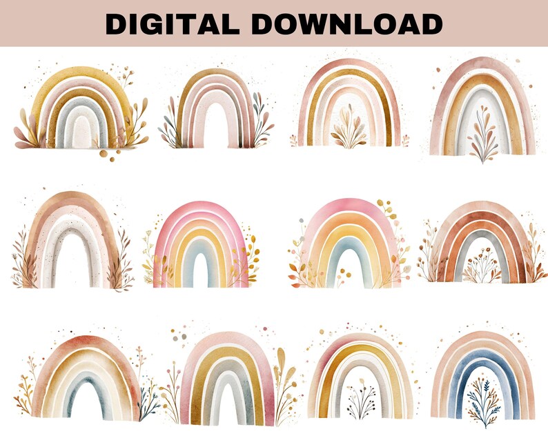 Boho Rainbow Nursery Clipart - Floral Watercolor Clip Art, Pastel Dusty ...