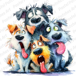 May include: Watercolor illustration of four cartoon dogs with exaggerated expressions. The dogs have their tongues out, with a variety of fur colors including white, orange, yellow, and gray. The dogs appear surprised or excited.