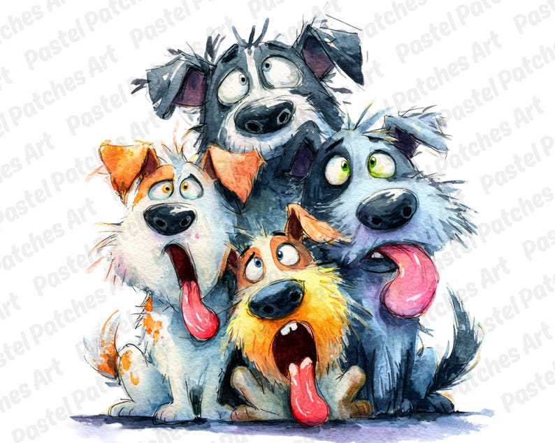 May include: Watercolor illustration of four cartoon dogs with exaggerated expressions. The dogs have their tongues out, with a variety of fur colors including white, orange, yellow, and gray. The dogs appear surprised or excited.