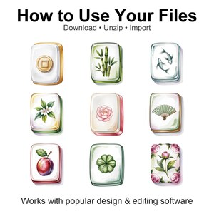 Może przedstawiać: Dziewięć ilustrowanych płytek Mahjonga z r&oacute;żnymi wzorami, w tym bambusem, kwiatami i śliwką. Tekst "How to Use Your Files" i "Works with popular design & editing software" znajdują się na g&oacute;rze i na dole.