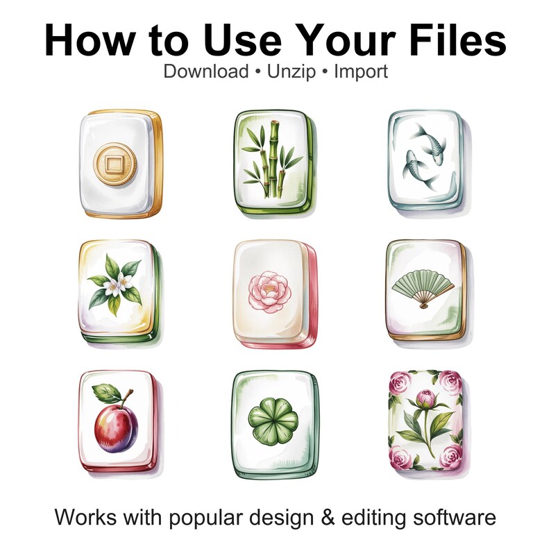 Może przedstawiać: Dziewięć ilustrowanych płytek Mahjonga z r&oacute;żnymi wzorami, w tym bambusem, kwiatami i śliwką. Tekst "How to Use Your Files" i "Works with popular design & editing software" znajdują się na g&oacute;rze i na dole.