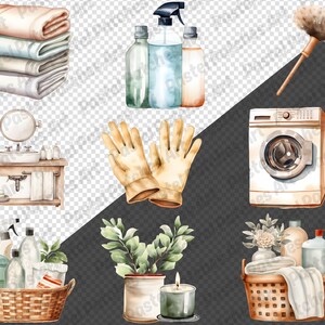 May include: Watercolor illustration of various household items, including folded towels, cleaning supplies, a washing machine, and a basket with toiletries. The image has a soft, pastel color palette.