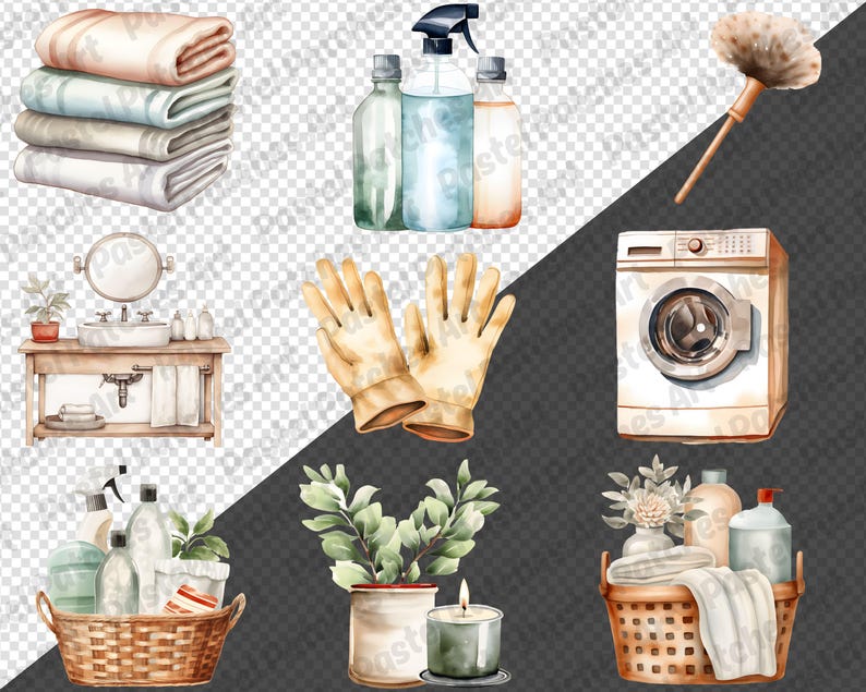 May include: Watercolor illustration of various household items, including folded towels, cleaning supplies, a washing machine, and a basket with toiletries. The image has a soft, pastel color palette.