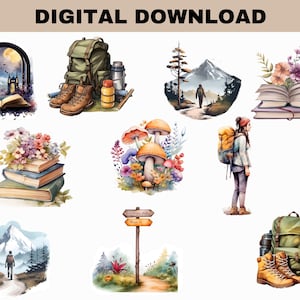 May include: A digital download featuring watercolour illustrations of outdoor themes. Includes a backpack, hiking boots, mushrooms, books, a hiker, and a signpost. The text "DIGITAL DOWNLOAD" is at the top.