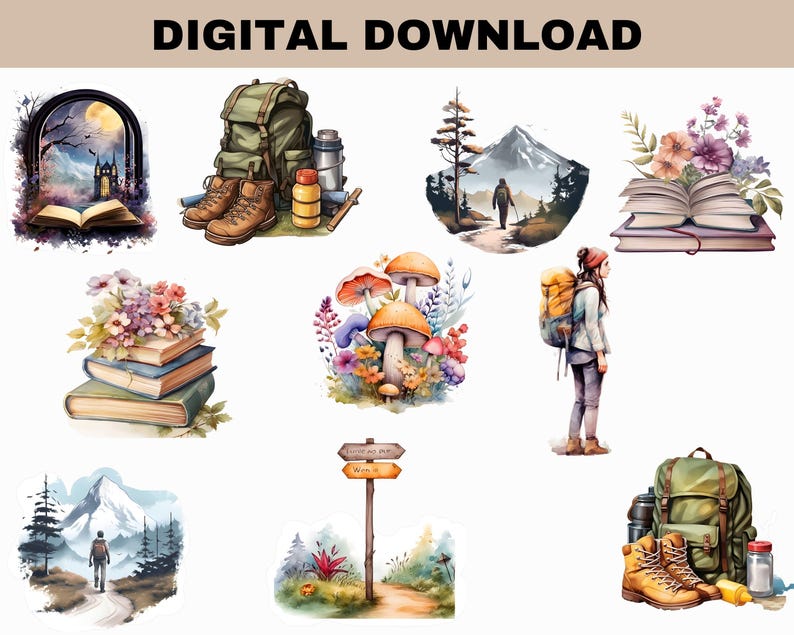 May include: A digital download featuring watercolour illustrations of outdoor themes. Includes a backpack, hiking boots, mushrooms, books, a hiker, and a signpost. The text "DIGITAL DOWNLOAD" is at the top.