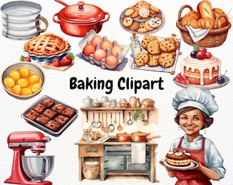 Backen Clipart Bundle PNG, Rustikale Küchen Utensilien & Bäckerei Werkzeuge, Aquarell Koch Grafiken, Kommerzielle Nutzung Download
