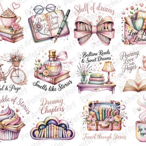 May include: Watercolor illustrations of books, cupcakes, bicycles, and teacups with text like "Sweet reads & cozy feels" and "Dear Diary, I'm Book Obsessed." The images are in soft pastel colors, evoking a cozy, literary theme.