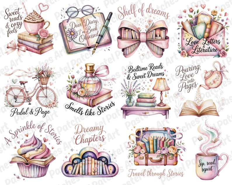 May include: Watercolor illustrations of books, cupcakes, bicycles, and teacups with text like "Sweet reads & cozy feels" and "Dear Diary, I'm Book Obsessed." The images are in soft pastel colors, evoking a cozy, literary theme.