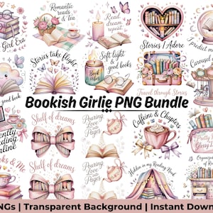Puede incluir: Una colección de ilustraciones en acuarela con temática de libros. Las imágenes incluyen libros, tazas de té, mariposas y texto como "Bookish Girlie PNG Bundle" y "Stories I Adore". La paleta de colores es suave, con rosas, morados y pasteles.
