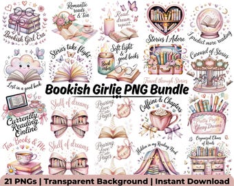 Bookish Girlie PNG Bundle • 50 Bookish Quotes Clipart for Sublimation • Reader PNG Digital Download • Commercial Use Bookworm Tshirt Design