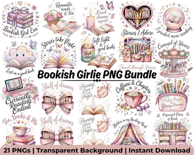 May include: A collection of watercolor illustrations with a bookish theme. The images include books, teacups, butterflies, and text such as "Bookish Girlie PNG Bundle" and "Stories I Adore". The color palette is soft, with pinks, purples, and pastels.