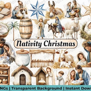 Op de afbeelding: Waterverfillustraties van kerstscènes van de geboorte. De afbeelding bevat afbeeldingen van de Heilige Familie, engelen, dieren en sterren. De tekst "Nativity Christmas" wordt weergegeven. De afbeelding is een verzameling PNG-bestanden met transparante achtergronden.