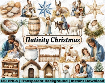 Clipart di Natale della Natività, Arte digitale del presepe biblico, PNG della Natività di Natale, Acquerello della nascita di Gesù, Clipart di festività religiose