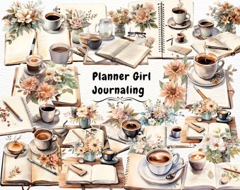 Planner Girl Fussy Cuts, Coffee and Journaling, Books and Coffee, Junk Journaling, Printable Card Making, Paper Cut-outs for Scrapbooking