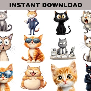 Op de afbeelding: Een verzameling cartoon kat illustraties in verschillende poses en uitdrukkingen. Sommige katten dragen zonnebrillen, pakken of hebben verraste uitdrukkingen. De tekst "INSTANT DOWNLOAD" staat bovenaan.