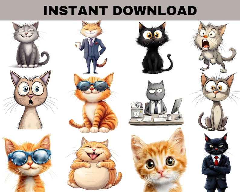 Op de afbeelding: Een verzameling cartoon kat illustraties in verschillende poses en uitdrukkingen. Sommige katten dragen zonnebrillen, pakken of hebben verraste uitdrukkingen. De tekst "INSTANT DOWNLOAD" staat bovenaan.